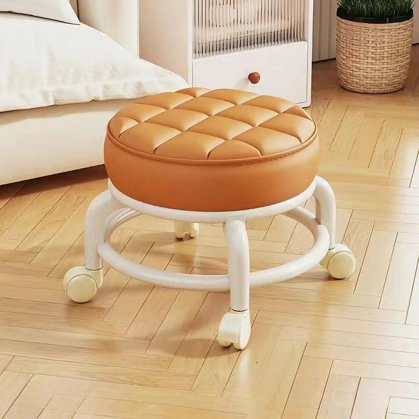 Low-profile portable small round waterproof durable stool with leather fabric and thick seat cushion