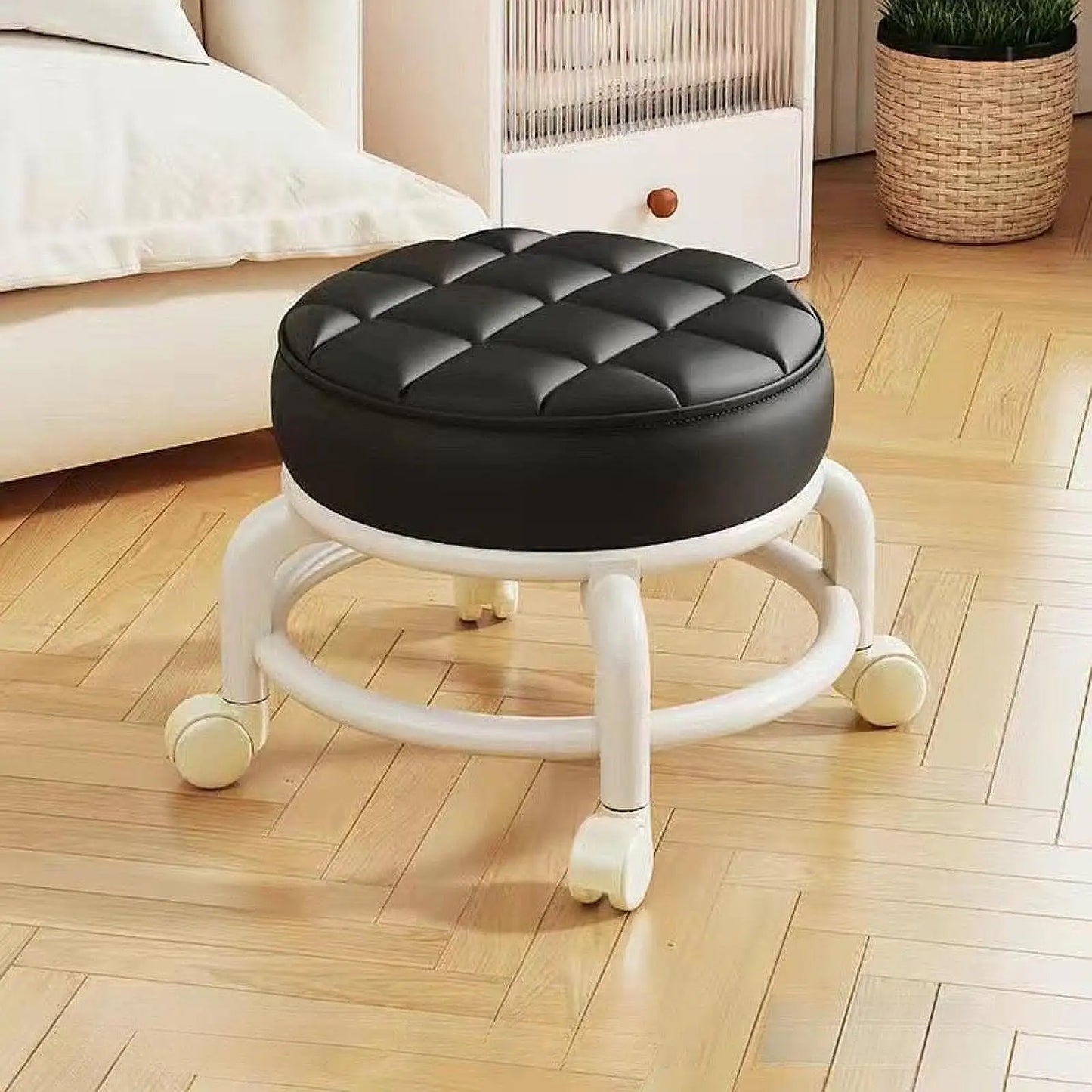 Low-profile portable small round waterproof durable stool with leather fabric and thick seat cushion