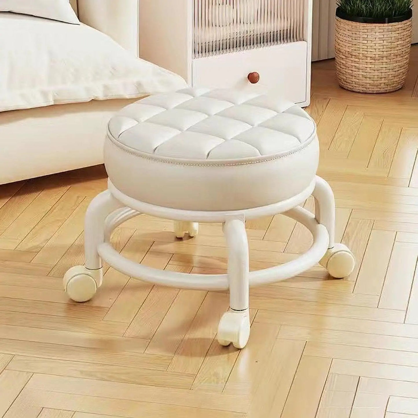 Low-profile portable small round waterproof durable stool with leather fabric and thick seat cushion