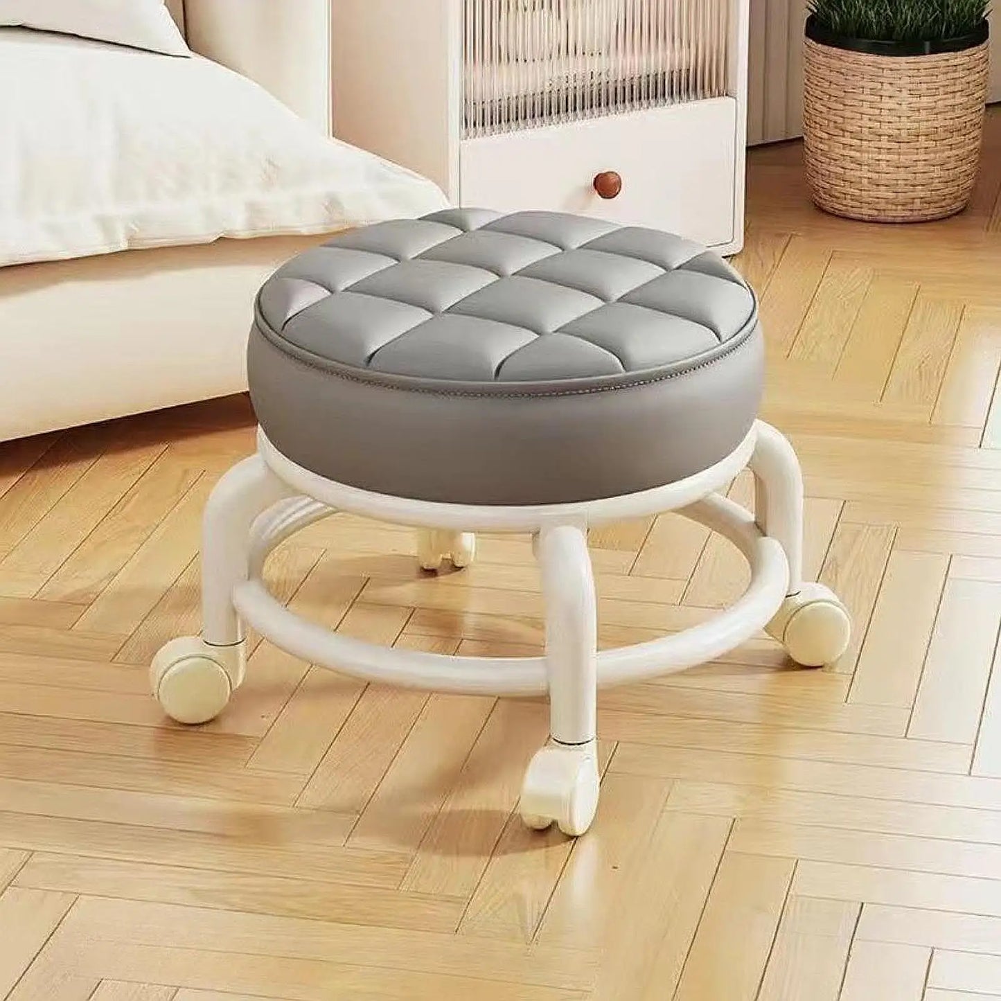 Low-profile portable small round waterproof durable stool with leather fabric and thick seat cushion